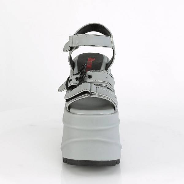 Demonia Women's Wave-13 Platform Sandals - Gray Reflective Vegan Leather D4961-57US Clearance